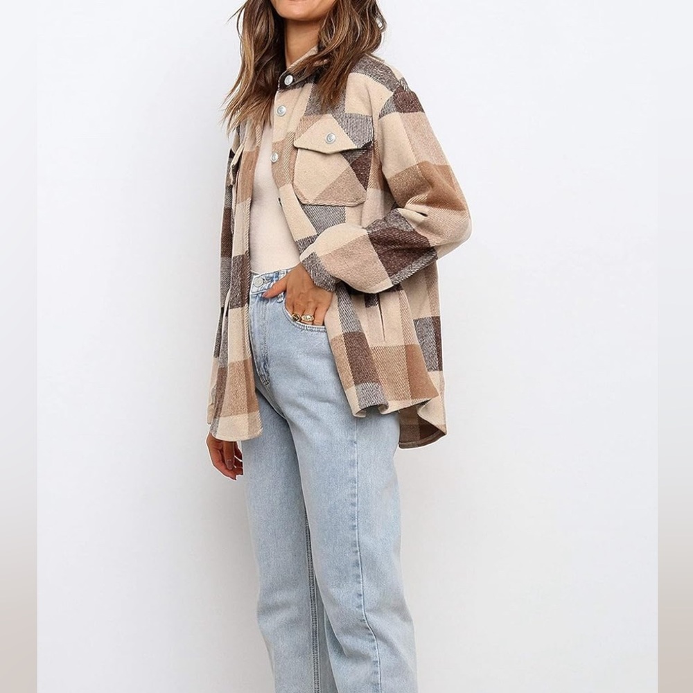 New🤩Plaid Shacket Button Down Wool Blend Flannel Shirt Jacket.